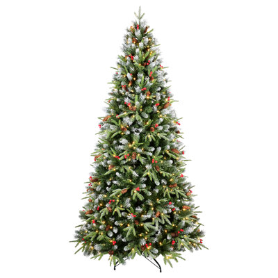 Christmas Tree With  Warm White LED Lights – 1593 Snow-Tipped PE+PVC Branches, Red Berries & Pine Cones, Hinged Design, Stable Metal Stand – Realistic Holiday Decoration