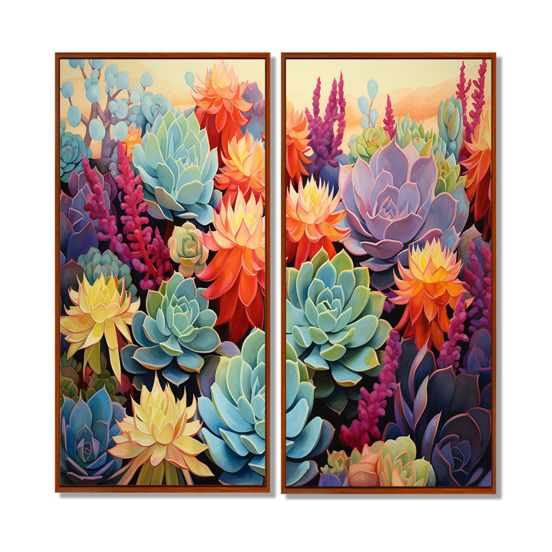 Fleurs colorées du désert succulentes - art mural grand succulent, H 20 po x l 24 po, Impression encadrée flottante, Brun