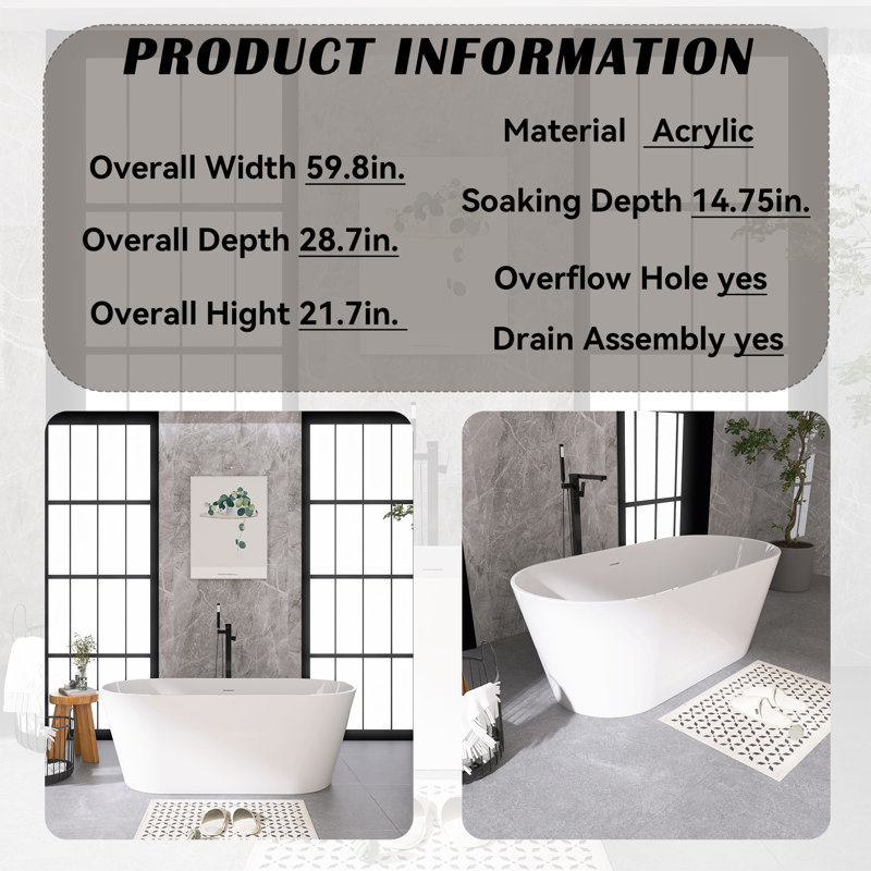 59" Freestanding Soaking Acrylic Bathtub