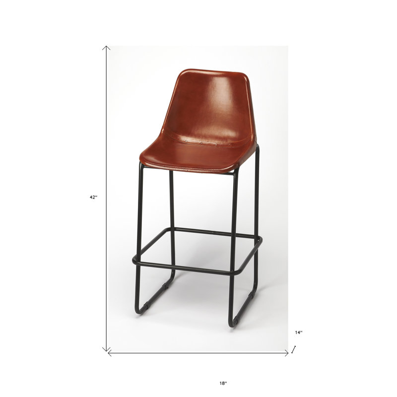 Atley 28'' Brown Genuine Leather and Iron Bar Stool
