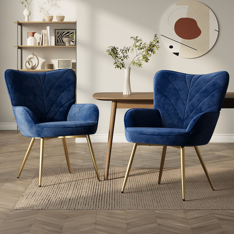 Plush Velvet Upholstered Armchair with Metal Legs, Blue