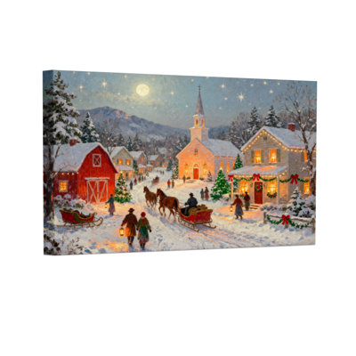 Christmas Winter Village Christmas Scene With Church And Sleighs Set of 3 Canvas Wall Art Prints