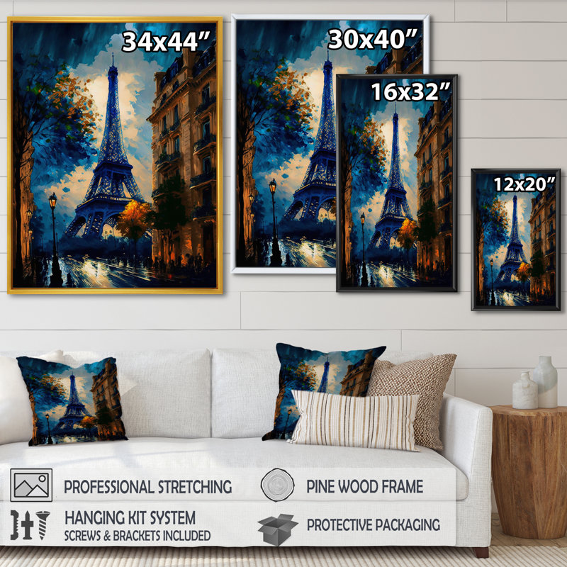 «Blue Eiffel Tower in the Autumn», reproduction sur toile, H 20 po x l 12 po x P 1 po, Toile avec cadre flottant or
