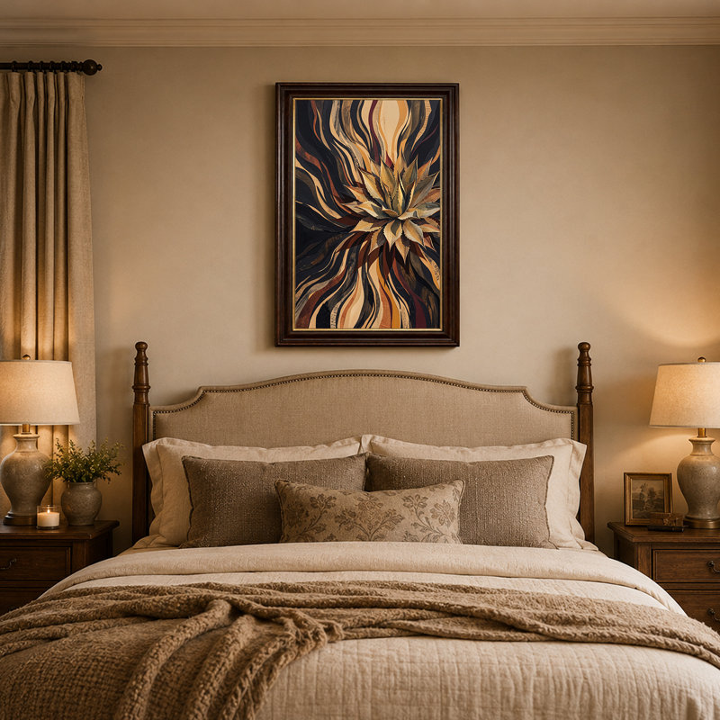 Agave, plante avec toile abstraite noire et dorée, art sur toile, H 24 po x l 16 po