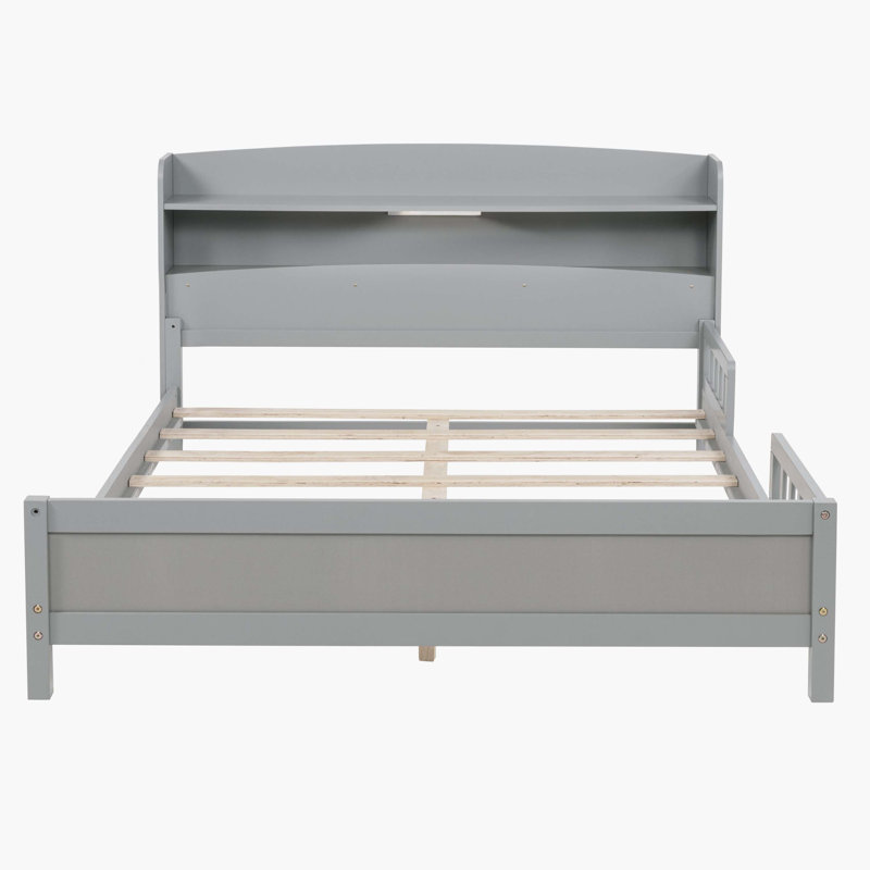 Grey Solid Pine Wood Waterloo Bed With Bookcase Headboard, LED Motion Sensor Light, And Safety Guardrails, Gray, Full