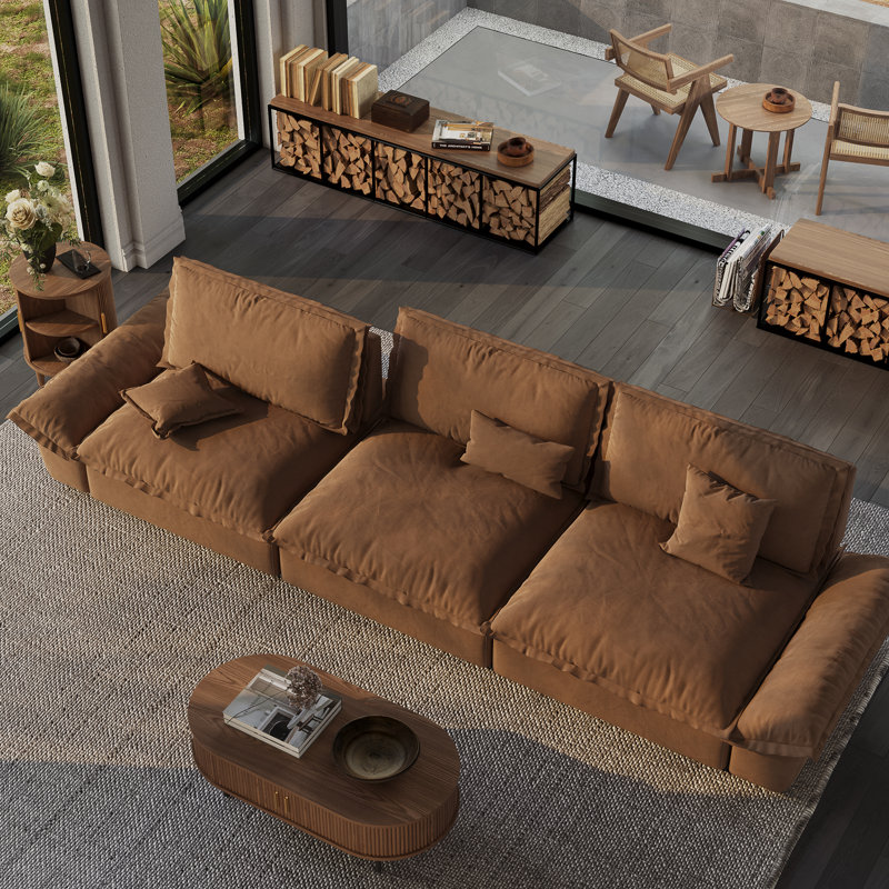 141.73"Upholstered Sleeper Sofa, 3-Seater Sectional Cloud Couch, Compressed Sofa with Adjustable Backrest, Brown