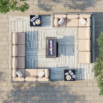 Ensemble de patio extérieur en osier pour 12 personnes avec coussins et foyer