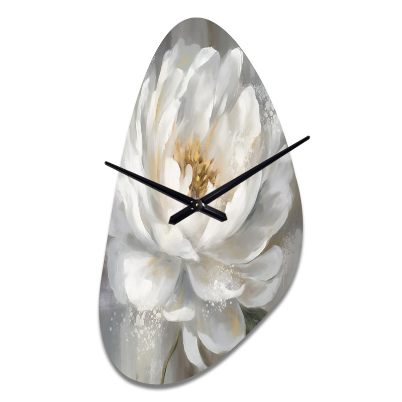 White Grey Peonies Artistry - Peonies Asymmetrical Metal Wall Clock, Modern Unique Shape Wall Clock Print, Large