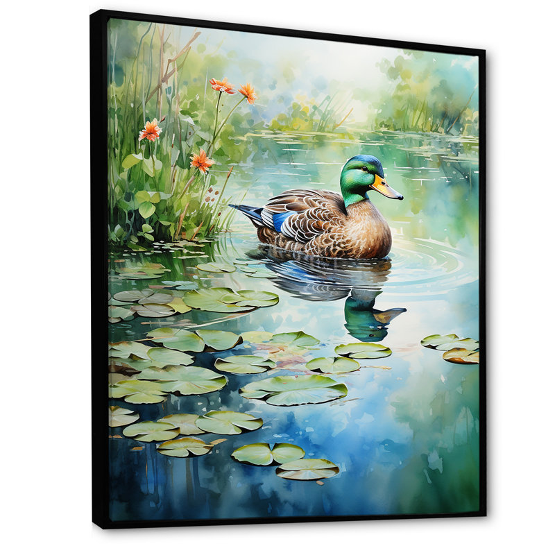 Duck Pond Reflections IV - Duck Animal, art mural, Cadre flottant noir, H 20 po x l 12 po