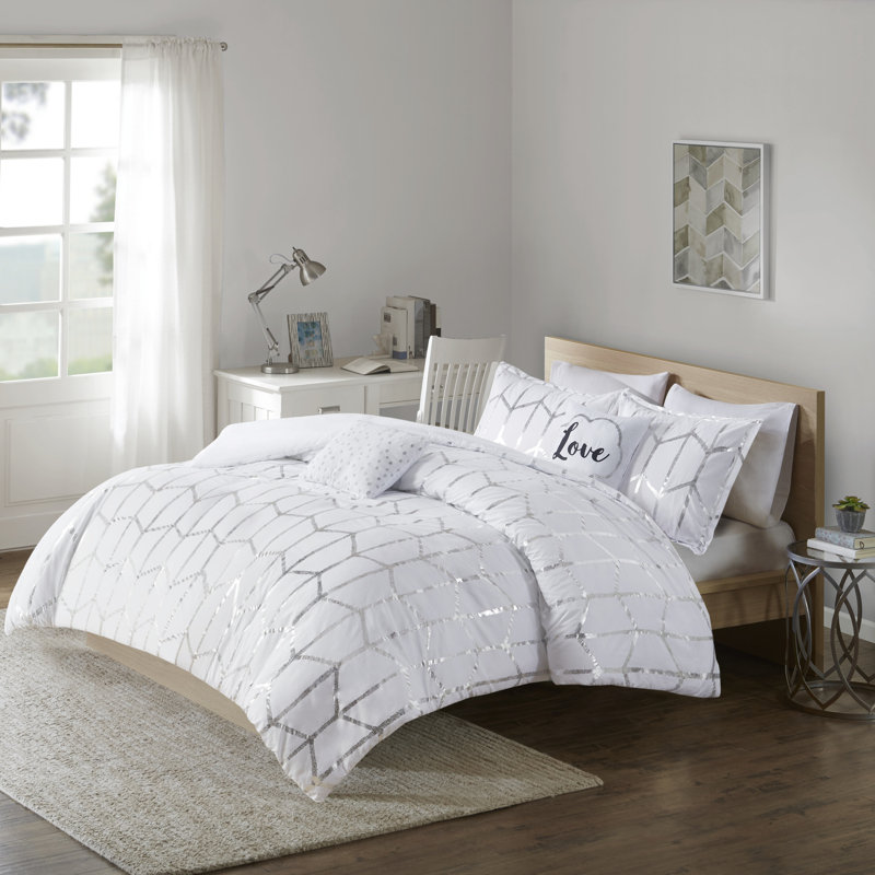 Ensemble de housse de couette Raina, Housse de couette pour grand lit, 1 taie décorati, Blanc / argent