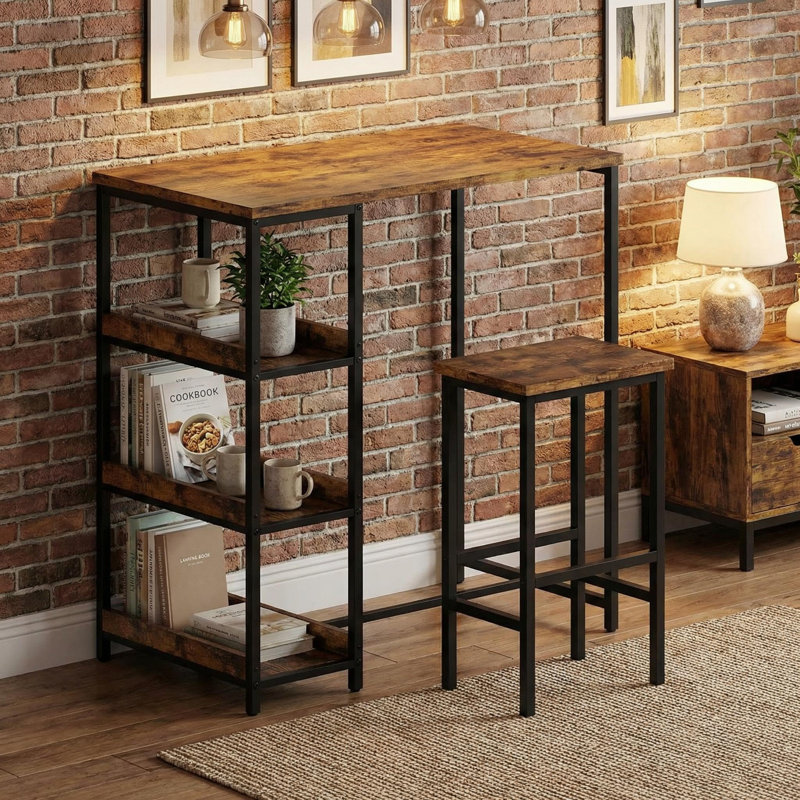 Space-Saving 3-Piece Dining Table Set with Storage Shelves – Modern Industrial Table and 2 Stools – Perfect for Apartments or Dining Room – Easy Assembly – Black Tube + Vintage Color, Seat Board