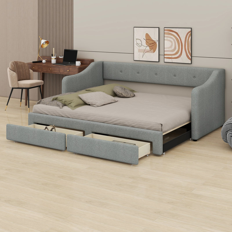 Sleek Upholstered Daybed Frame with Two Storage Drawers