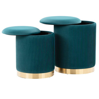 Two Nesting Pleated With Gold Metal Base And Peacock Teal Velvet Upholstery, Removable Lid, Indoor Use Only, 250 Lbs Weight Limit Each, 14 In Width, Depth, 17.46 Height Featuring Velvet, Stylish