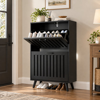 Meuble à chaussures cannelé, rangement étroit pour 24 paires de chaussures, 4 portes abattantes, poignées en métal, dispositif antibasculement, organisateur d'entrée pour couloir ou vestibule, brun