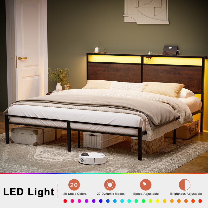 Antioch Bed Frame with LED Light and Charging Station, Metal Frame with Storage Headboard, Large Storage Space, No Spring Box Needed