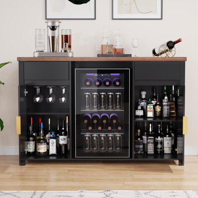 53" Coffee Bar Cabinet with Fridge Space, Charging Station, Mini Fridge Cabinet with Wine Rack, Fluted Liquor Cabinet, Large Buffet Sideboard Table for Living Room, Dining Room, Kitchen