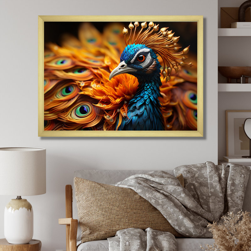 Gros plan sur un paon - animaux, impressions sur toile, H 30 po x l 40 po x P 1,5 po, Encadrement doré