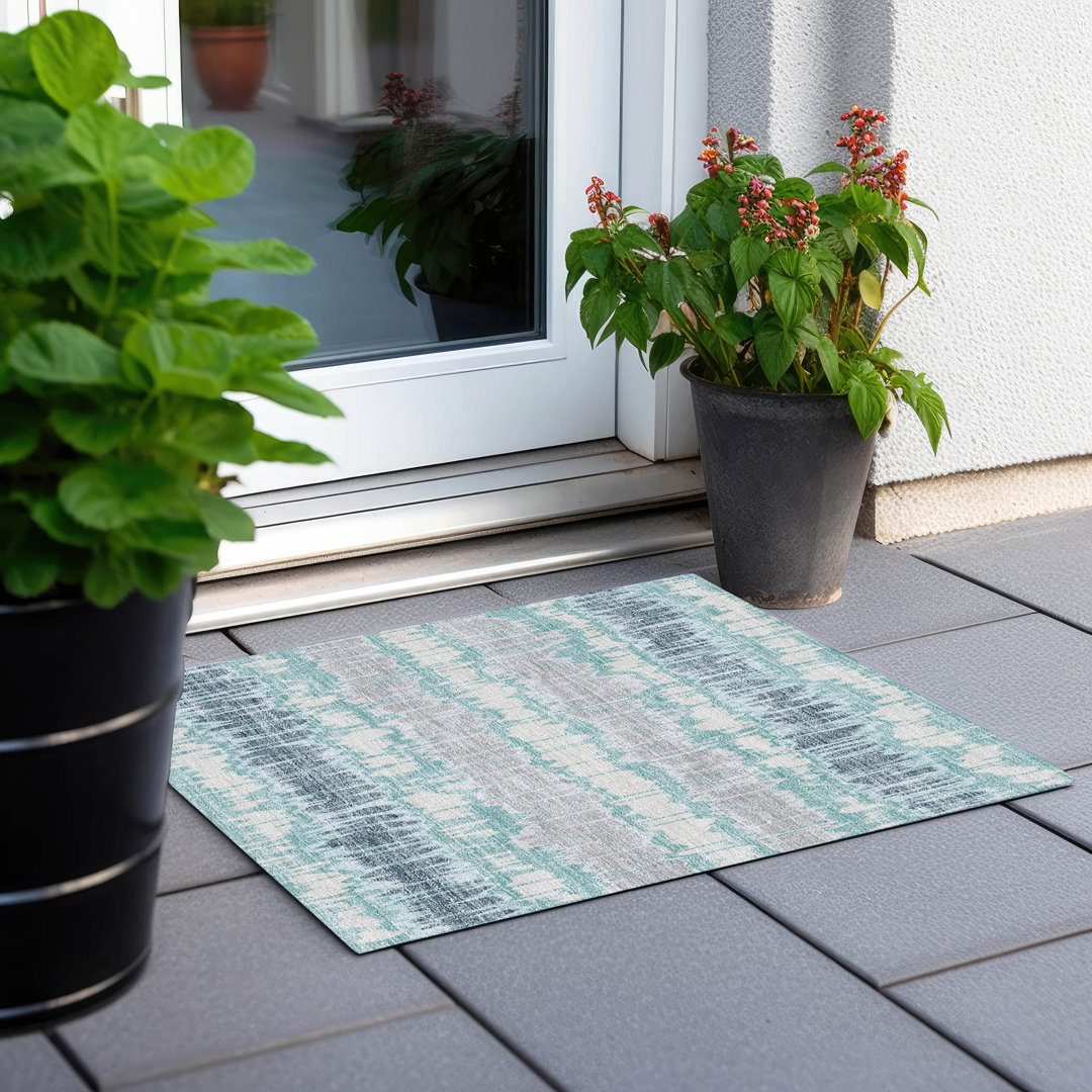 Lamanna Striped Machine Woven Polyester Indoor / Outdoor Area Rug in Teal Langley Street® Rug 