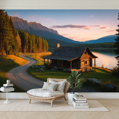 Peel and Stick Wallpaper 96" W x 69" H Modern Self Adhesive Wall Mural for Bedroom Rustic Lakeside Log Cabin Mountain Golden Sunset Forest Landscape