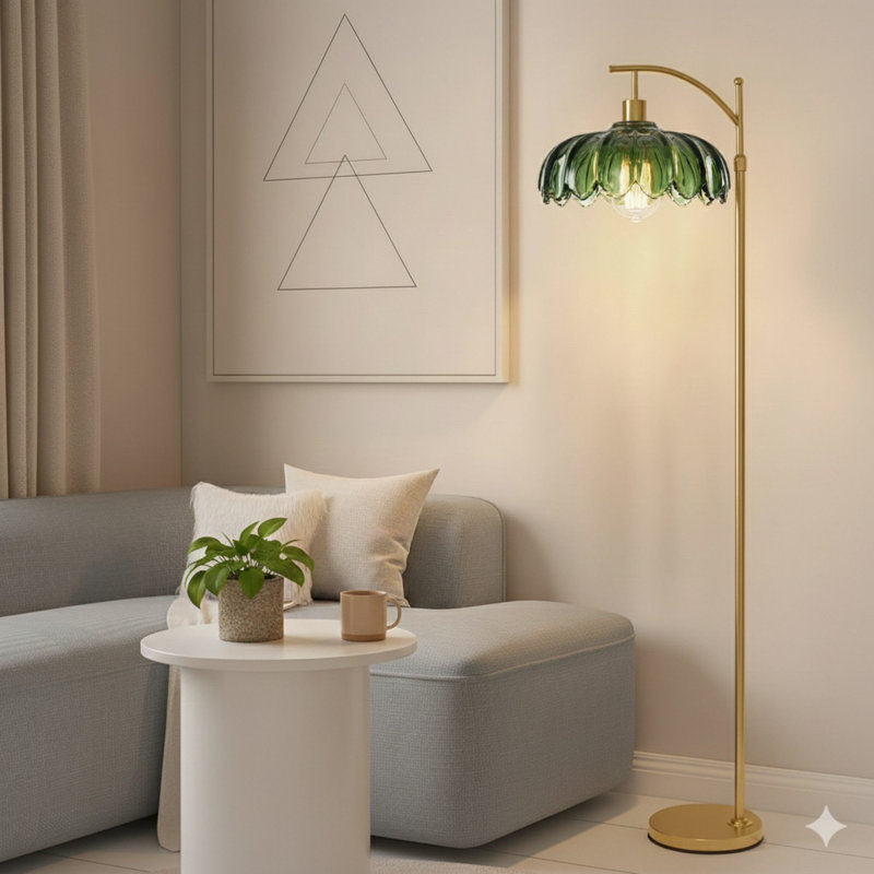 Glass Floor Lamp For Living Room,Bedroom,Gold Dimmable Standing Lamp With Remote,Mid Century Modern Brass Tall Lamp Boho Vintage Retro Floor Lamps Arc Green Flower Floor Light Lamp Bohemian