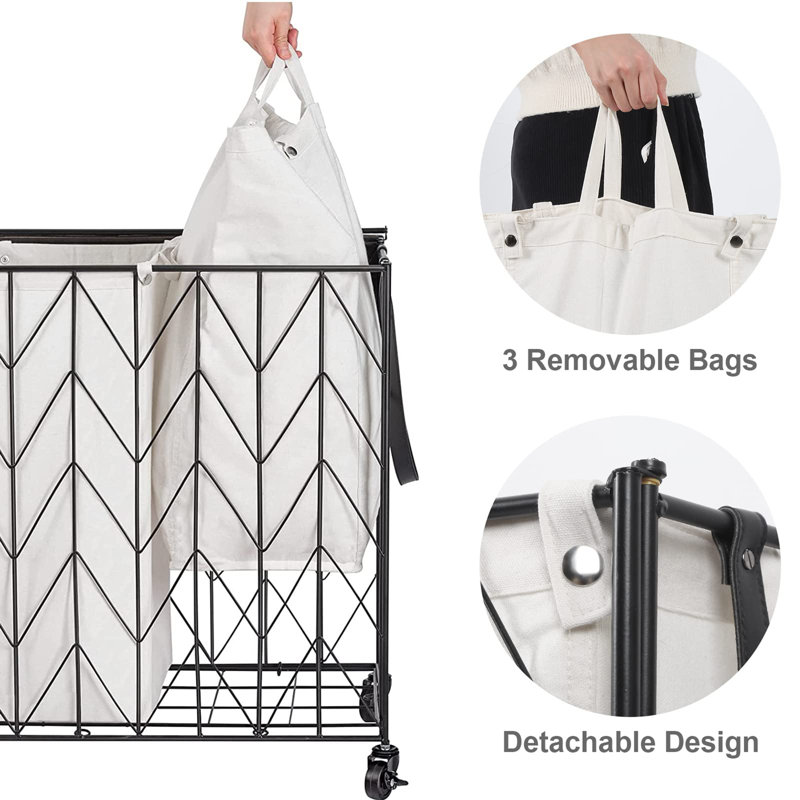 Beige Iron Frame Laundry Hamper with Wheels and Lid