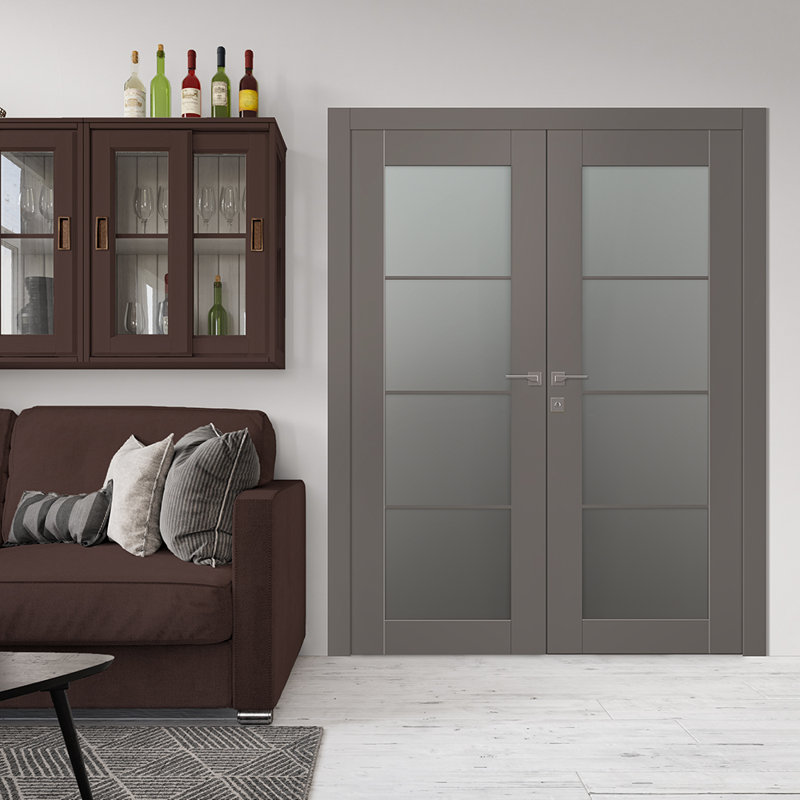 Porte française standard à 4 panneaux en bois manufacturé et en verre Avon, Noir, 71,75 po x 83,23 po, Gauche