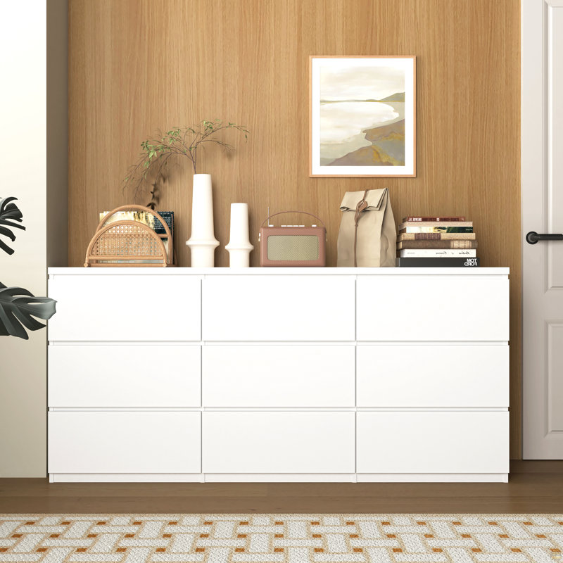 Commode 9 tiroirs pour chambre à coucher, large commode moderne sans poignées