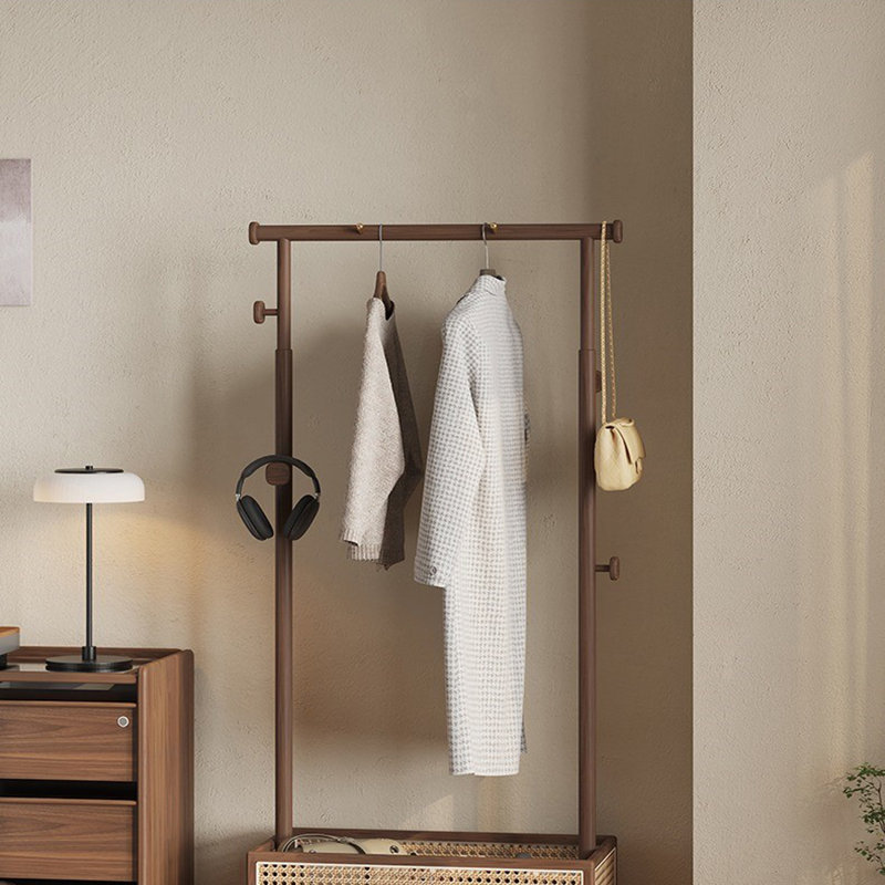 Wood Coat Rack Rattan Basket Round Hooks