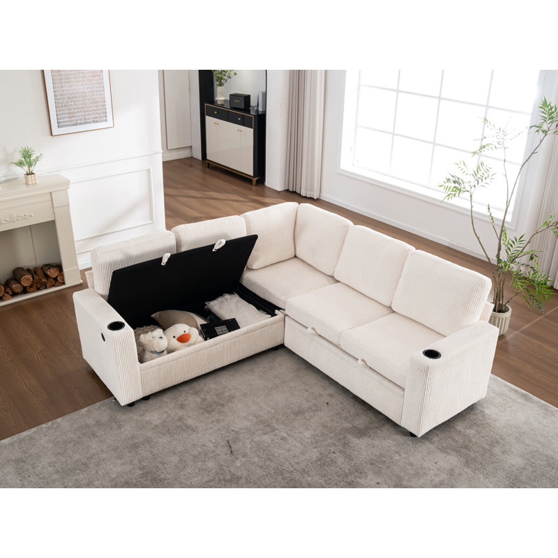 83.6" Wide Corduroy Sectional Sleeper Sofa (Pull-Out Bed) With Storage, White