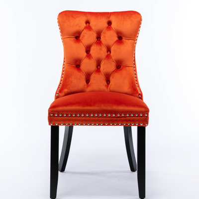 Orange Velvet Dining Chairs With High Density Foam And Wood Legs, 2 Upholstered Comfortable 2