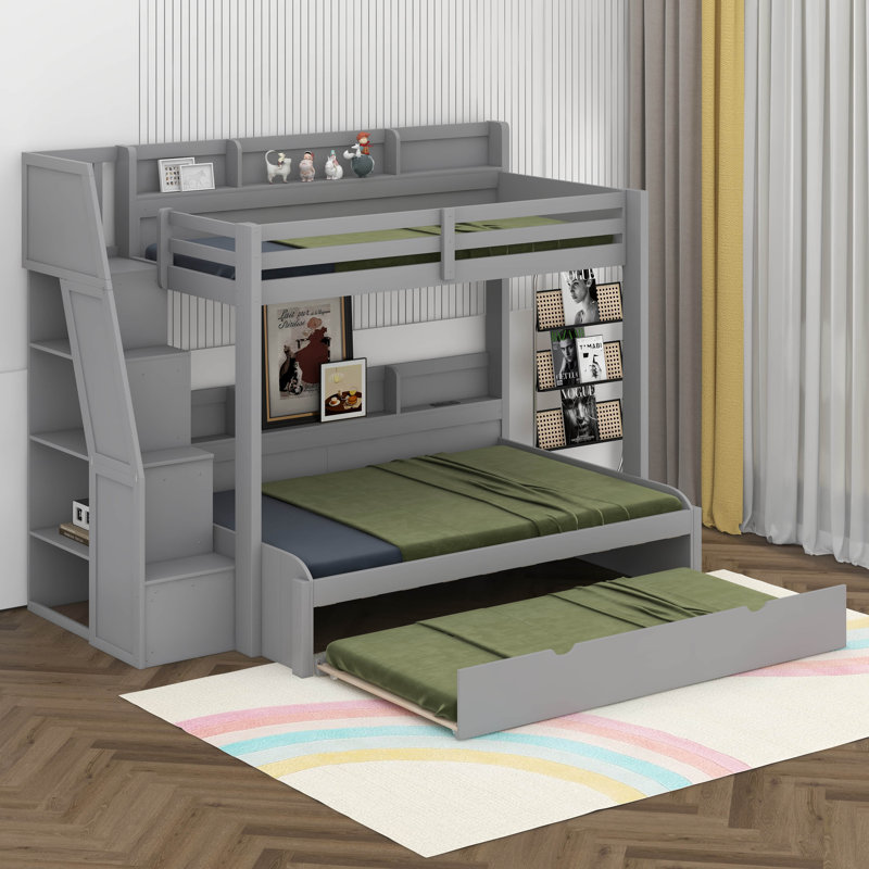 Lit superposé simple au-dessus de double avec lit gigogne et escalier de rangement, garde-corps pleine longueur, tablettes de rangement et port USB, aucune boîte à ressorts nécessaire