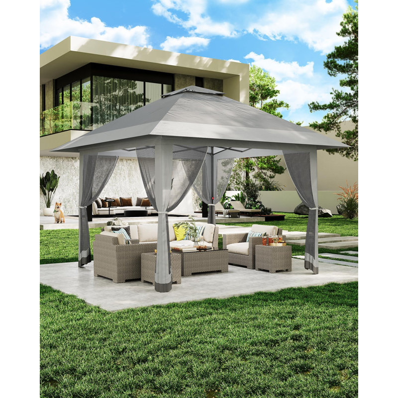 13x13FT Pop-Up Gazebo with Mosquito Netting, Waterproof UV50+ Outdoor Canopy Tent, Adjustable Height Patio Pergola, Gray