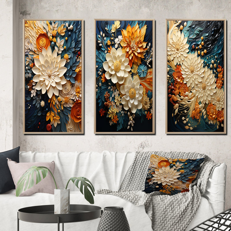 Tourbillon botanique orange sarcelle IV - art mural abstrait botanique 3 pièces, H 40 po x l 60 po, Naturel