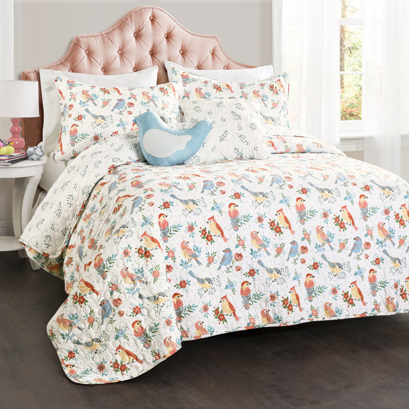 Ensemble de courtepointe réversible Chirpy Birds, Courtepointe simple + 1 taie décorative + 2 couss