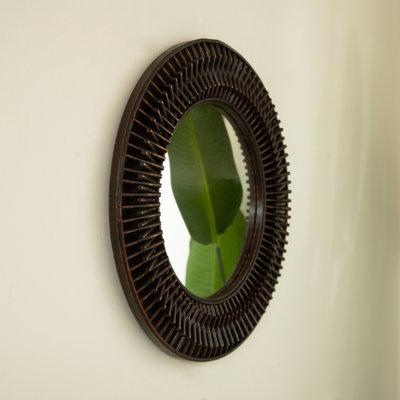 Round Bamboo Wall Mirror Dark Brown Artistic Design For Bathroom, Bedroom, Living Room, Entryway Decoration