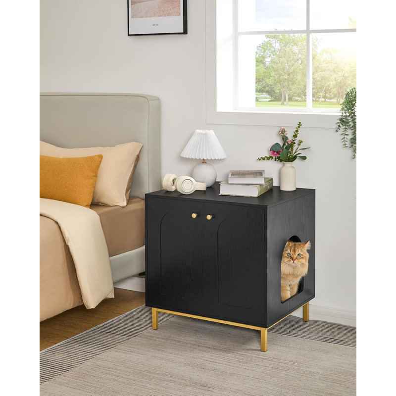 Black and Gold Wooden Cat Litter Box Enclosure with Metal Frame