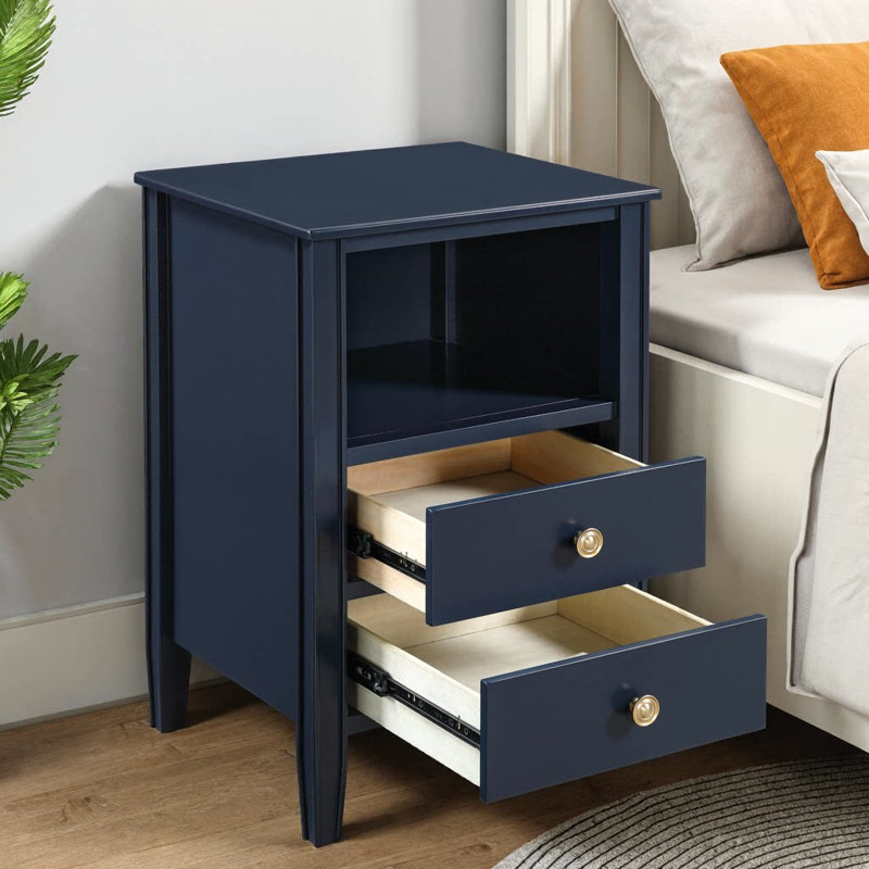 Winston 2-Drawer Nightstand with Open Shelf, Brushed Gold Knobs, Fluted Tapered Legs, No Assembly Required, Blue