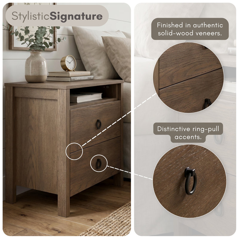 Mucci 22.7" H Transitional Solid Wood 2 Drawer Nightstand With Shelf, Brown, Individual