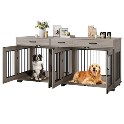 71-In Dog Crate Furniture for 2 Dogs, Heavy-Duty Dog Kennel with 3 Drawers, TV Stand & Storage Cabinet for Medium & Large Dogs