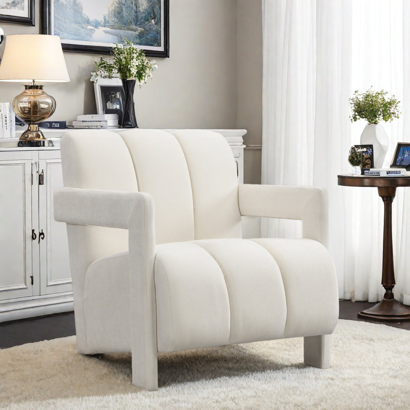 Set Of 2 Modern Armchairs With L-Shaped Armrests, White Polyester