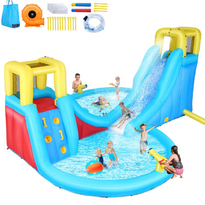 Big Inflatable Water Slides Park，Inflatable Play Centre Kiddie Slide With Pool, Heavy-Duty For Backyard Fun, Climbing Wall, 2 Slides, 2 Splash Pool