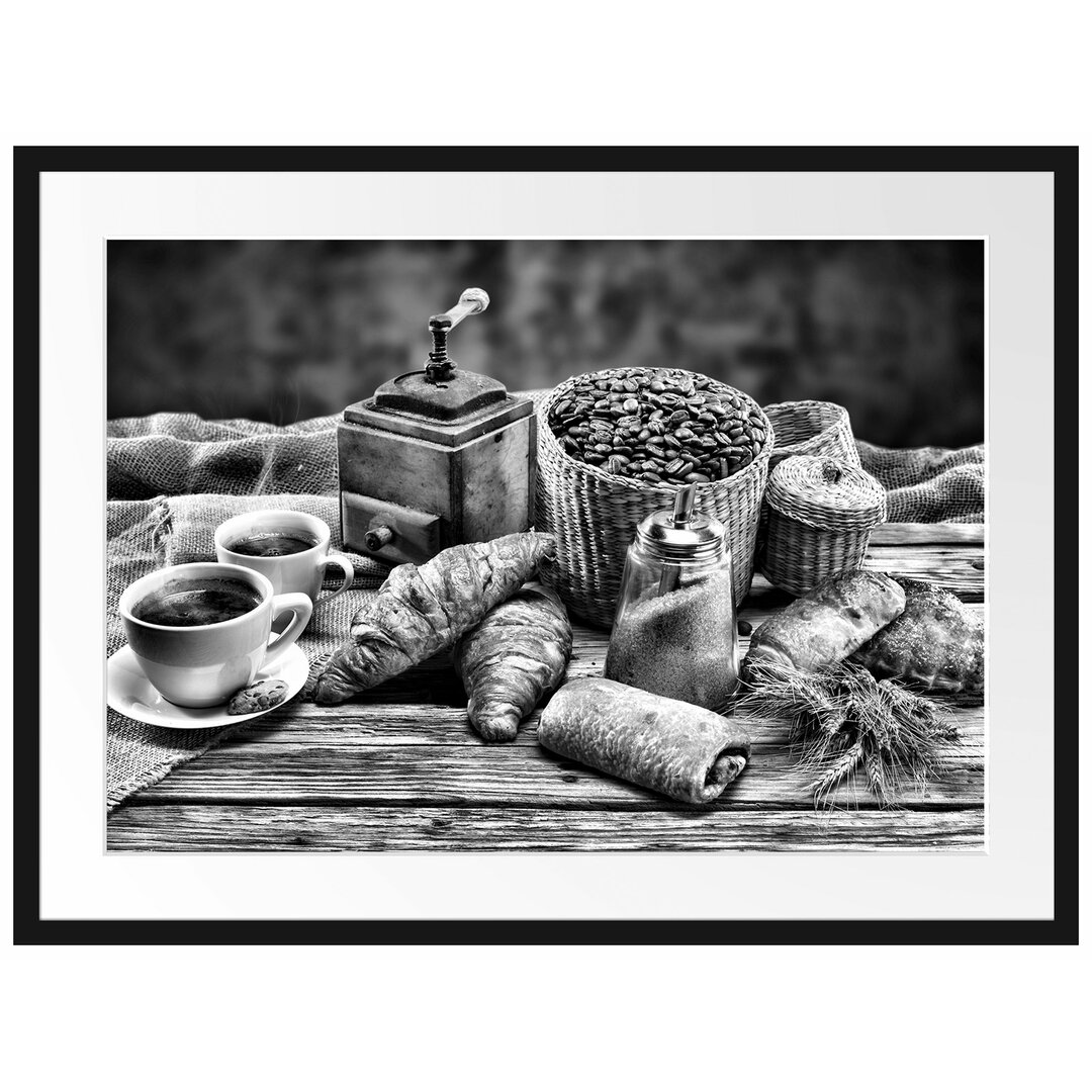 Gerahmtes Poster Aromatischer Kaffee mit Croissant