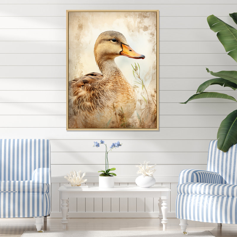 «Brown Duck Elegance IV» - art mural canard, H 32 po x l 16 po x P 1 po, Cadre flottant brun