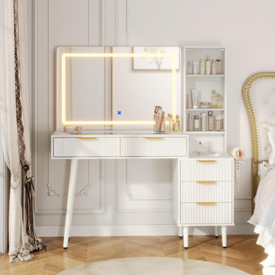 Makeup Vanity Desk with Mirror and Lights, Fluted Makeup Vanity with 5 Drawers & Top & Power Outlet, Natural Wood Dressing Table for Bedroom by George Oliver