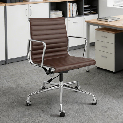 Mid Back Genuine Leather Office Chair With Arm And Aluminum Frame, Computer Desk Chair