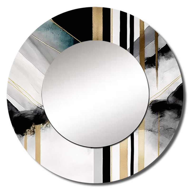 Prithika abstrait géométrique géométrique noir et or I - miroir mural unique géométrique, miroir rond moderne, art imprimé en métal