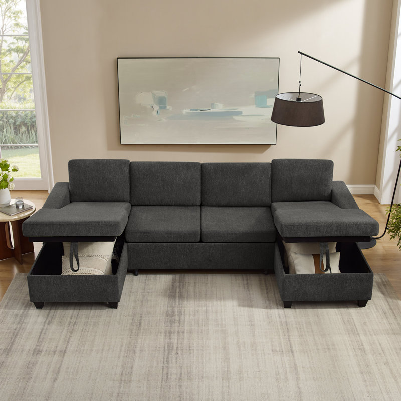  Canapé-lit escamotable en U de 113 po avec méridienne de rangement, Polyester gris