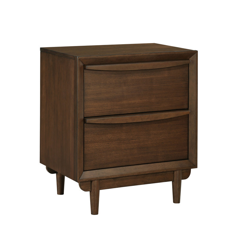 Table de chevet classique à finition noyer avec 2 tiroirs et port de charge, parfaite pour les chambres à coucher de style Mid-Century moderne