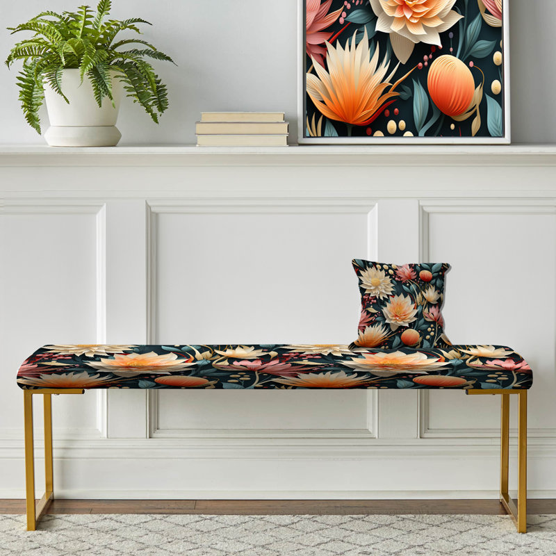 Upholstered Gold Bench, Coastal Dreams Floral Pattern