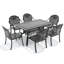 Ensemble de 7 chaises de jardin en fonte d'aluminium, structure noire, coussins bleus, design élégant avec motifs rectangulaires, revêtement haute température anticorrosion, assise confortable à hauteur adaptée.